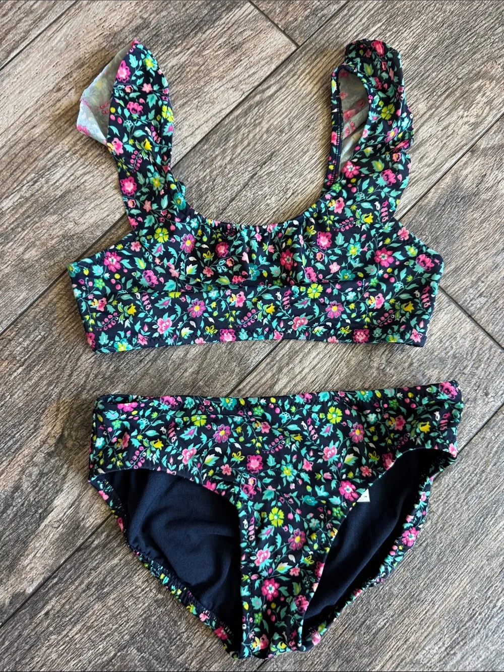 GAP Girls Black Floral Two-Piece Swim Set with Pink & Green Flowers